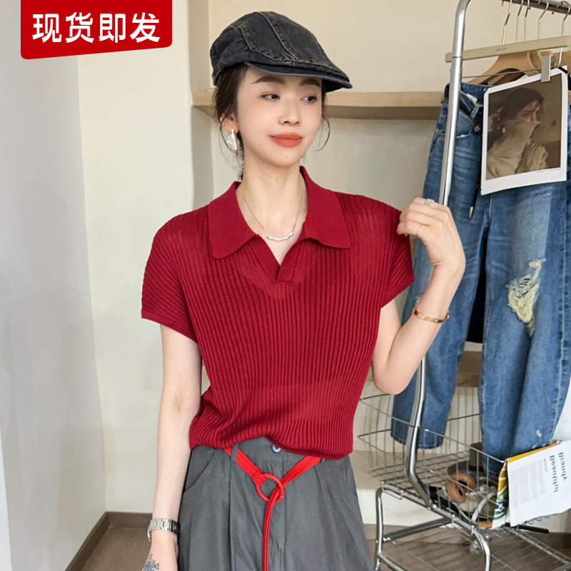 POLO领飞飞袖冰丝针织衫女欧洲站