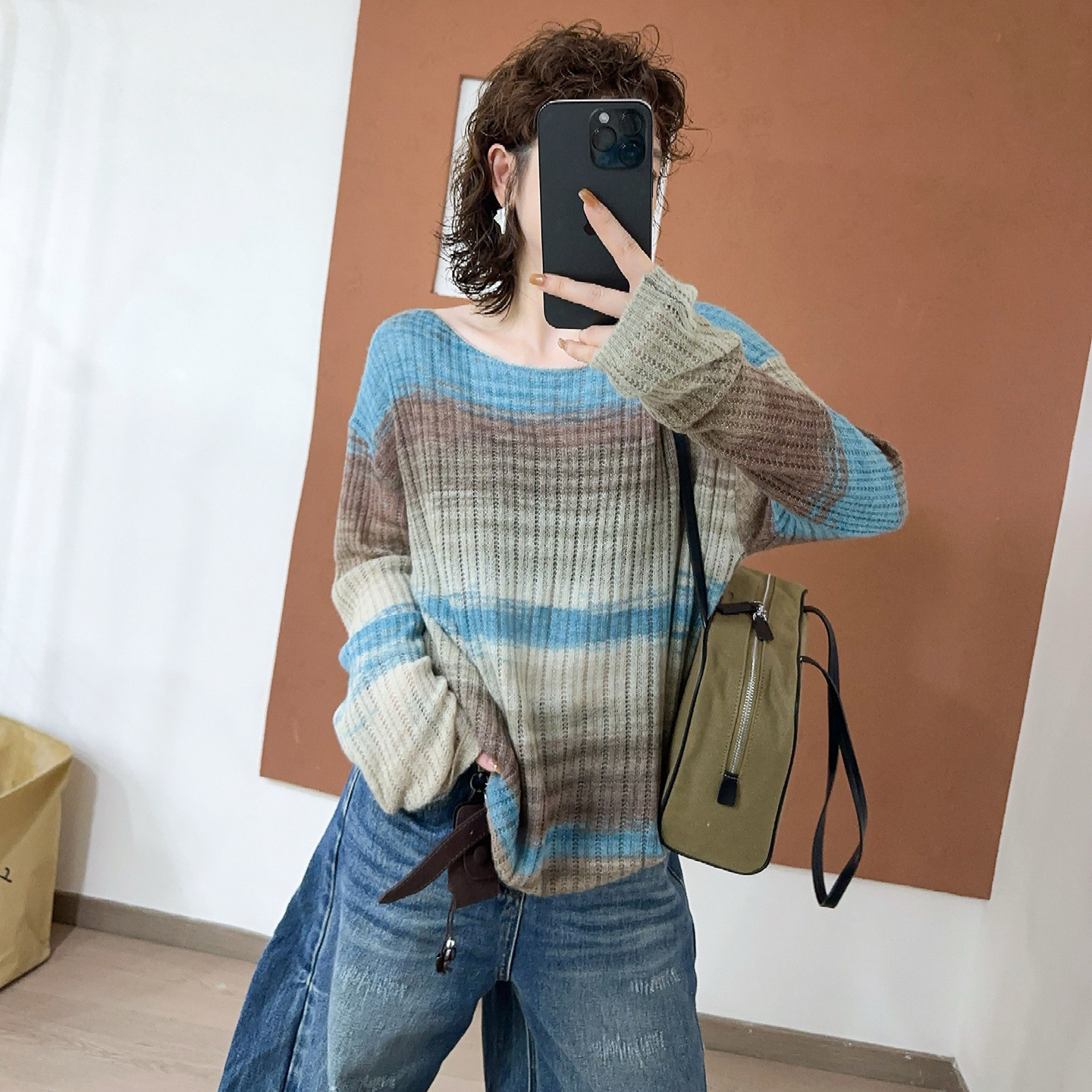 渐变色镂空条纹羊绒针织衫女欧货