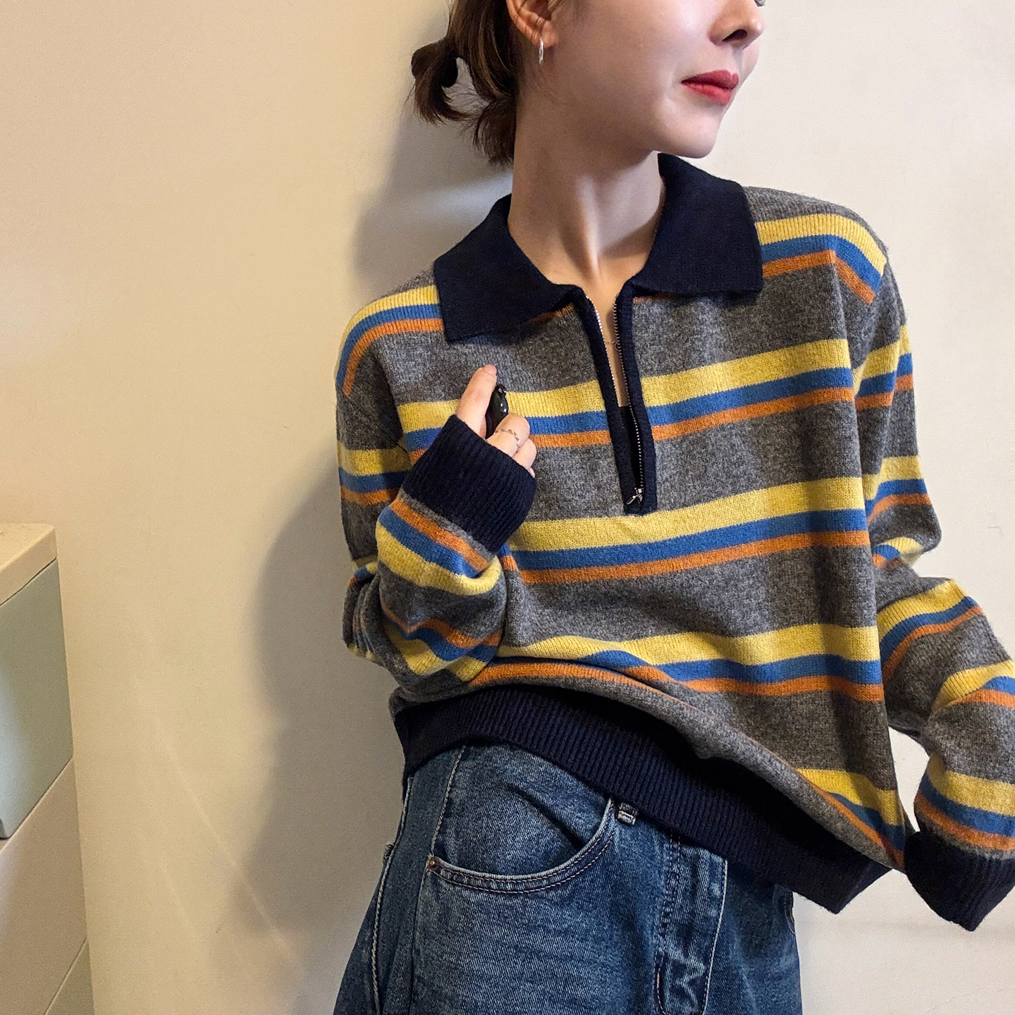撞色条纹翻领羊毛针织衫女欧洲站