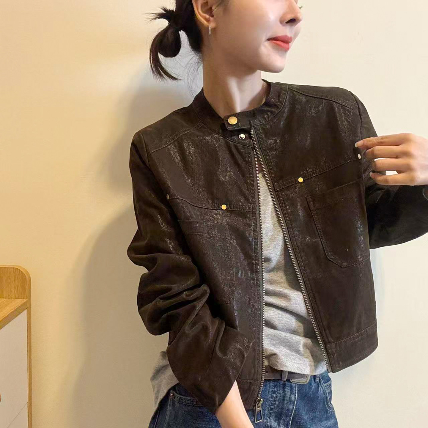 双口袋蛋白皮PU皮衣外套女欧洲站