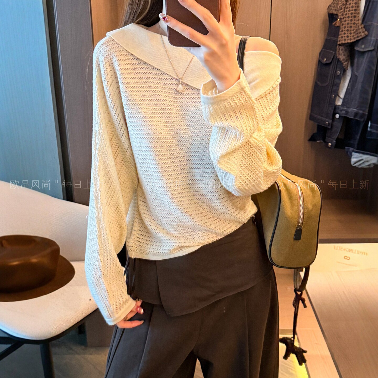 一字领绵羊毛桑蚕丝针织衫女欧货