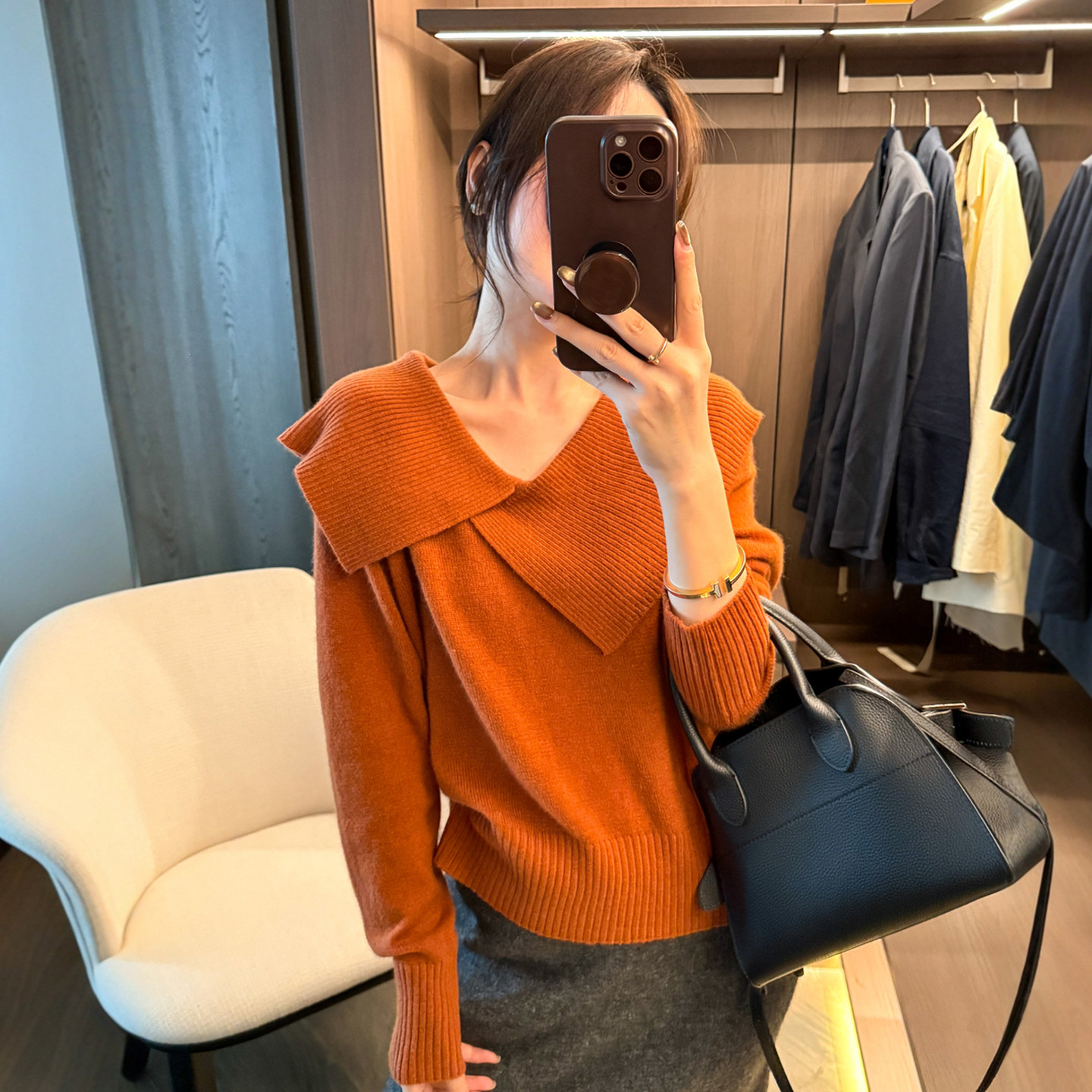 不规则翻领细羊毛针织衫女欧洲站