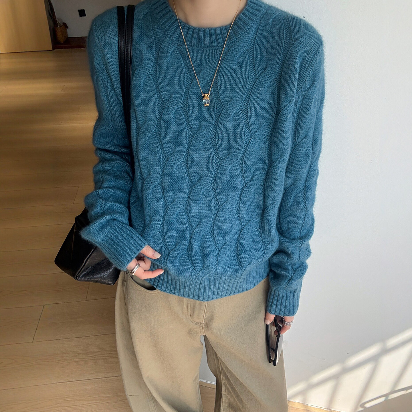 复古粗线麻花纹羊毛针织衫女欧货