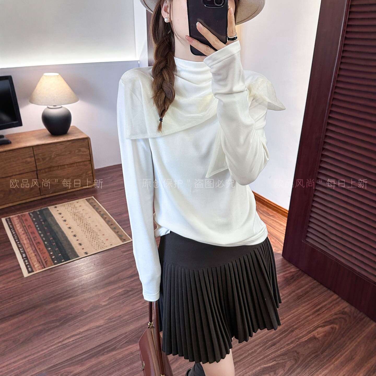 蝴蝶结半高领磨毛加绒T恤女欧货
