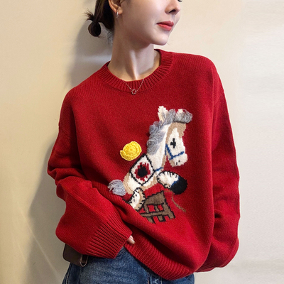 小马刺绣细羊毛针织衫女欧洲站潮