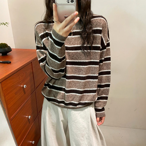 撞色条纹桑蚕丝山羊绒针织衫欧货