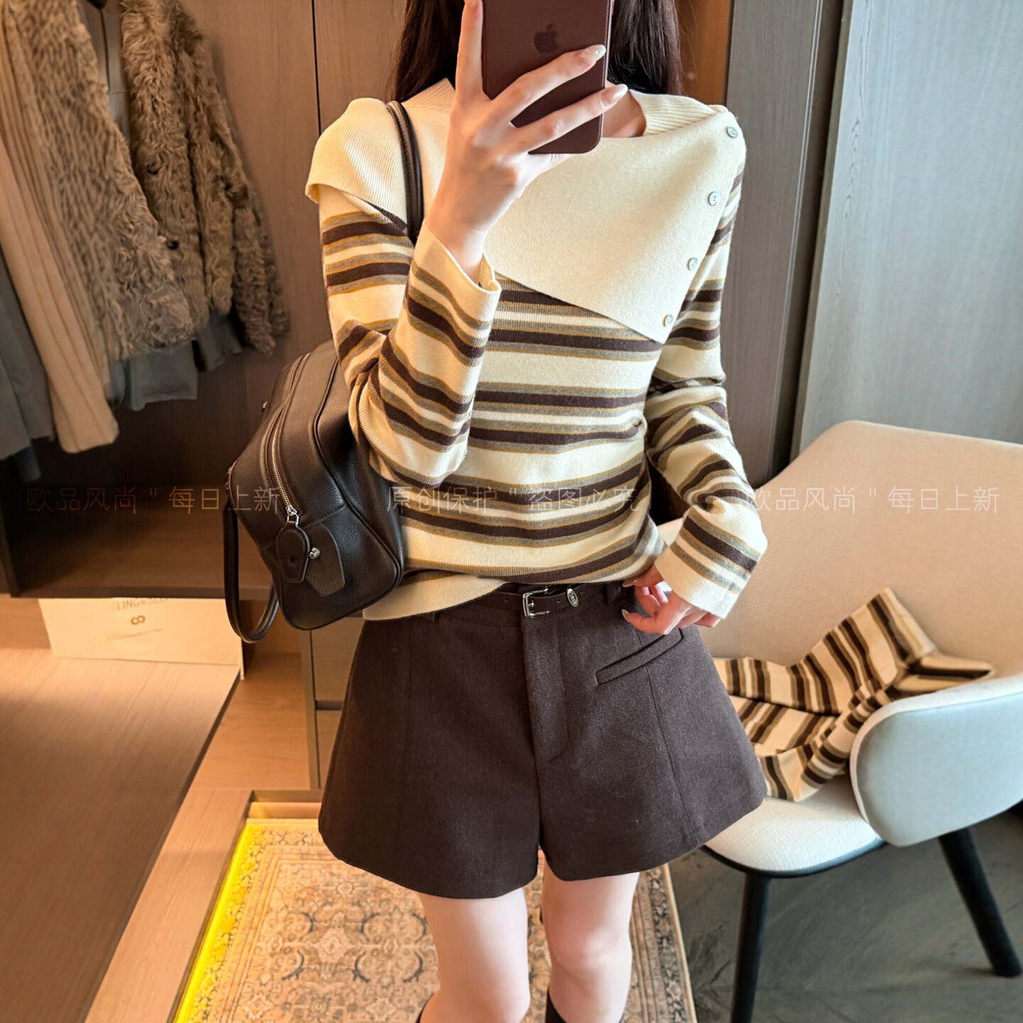 不规则翻领条纹羊毛针织衫女欧货