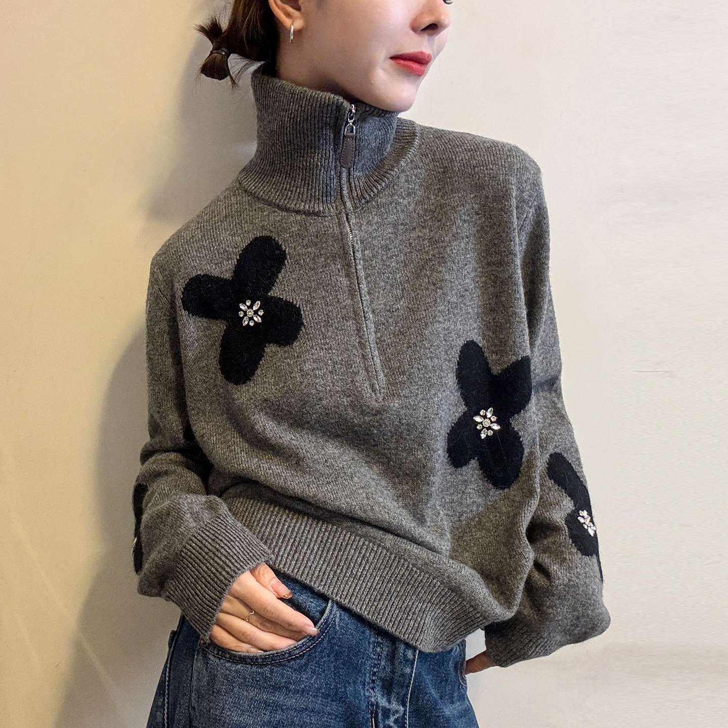 重工镶钻高领羊毛针织衫女欧洲站