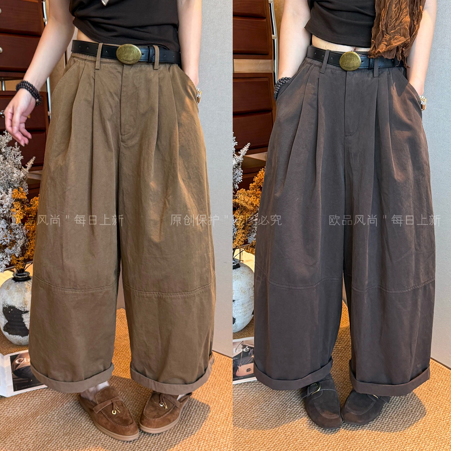 复古卷边九分西装阔腿裤女欧洲站