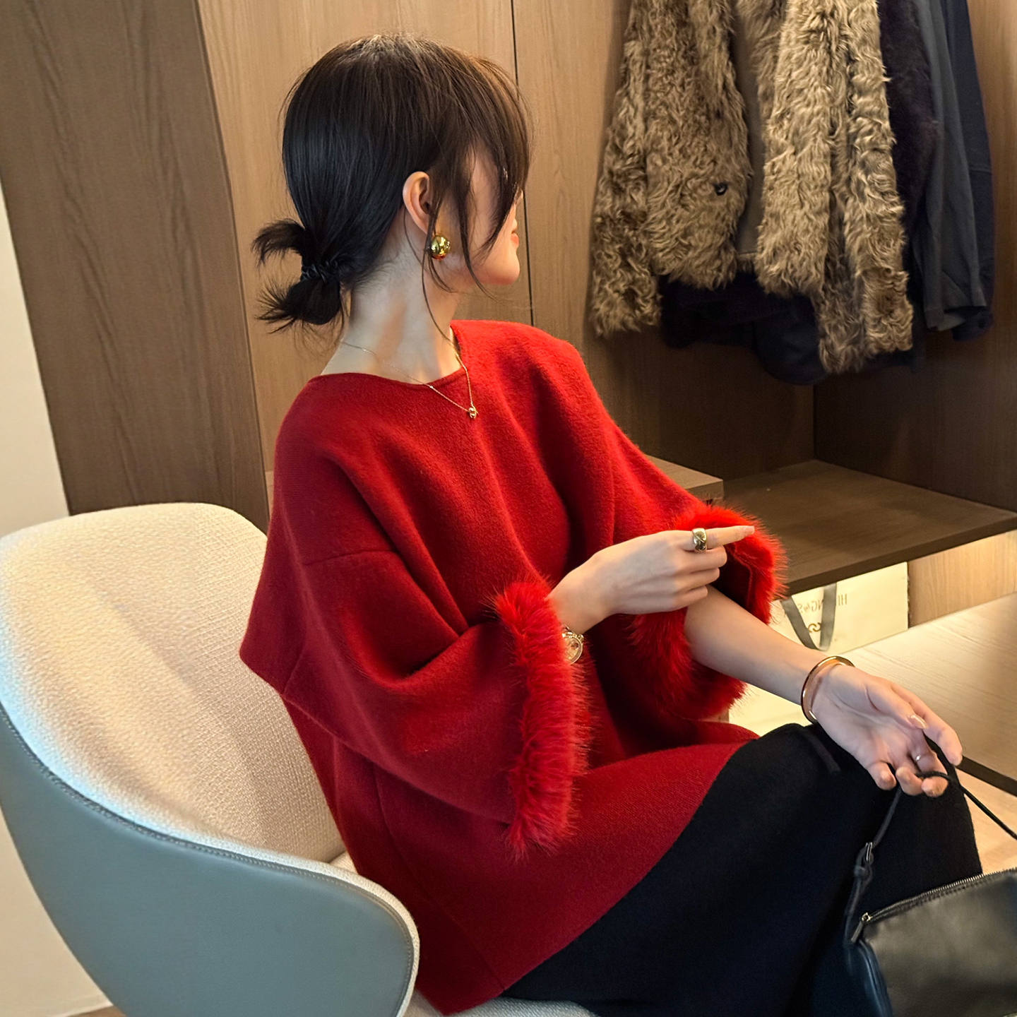 狐狸毛拼接羊毛针织开衫女欧洲站