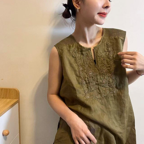 重工钉珠剪刀领棉麻衬衫女欧洲站