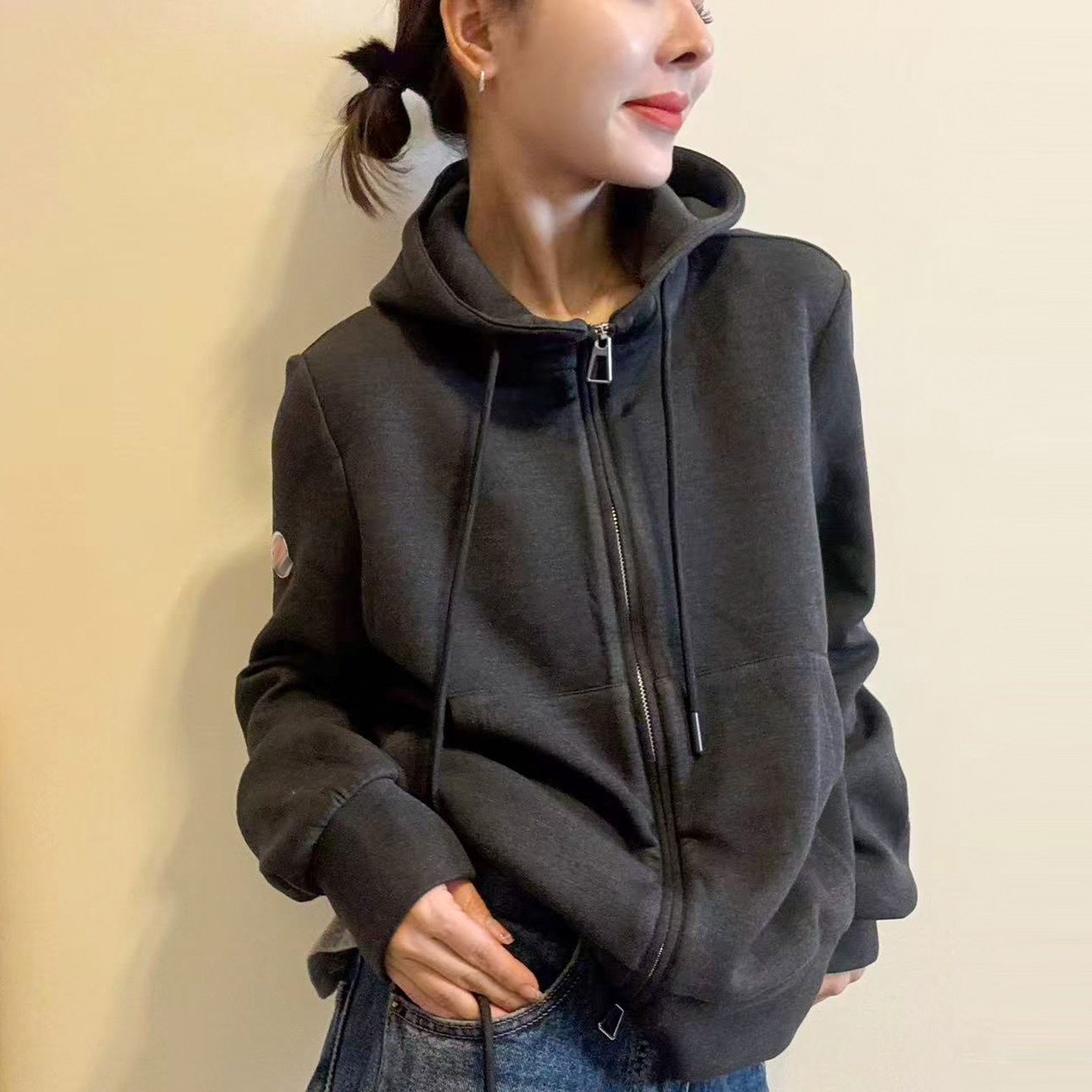 复古贴标连帽卫衣开衫外套女欧货