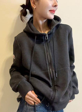复古贴标连帽卫衣开衫外套女欧货