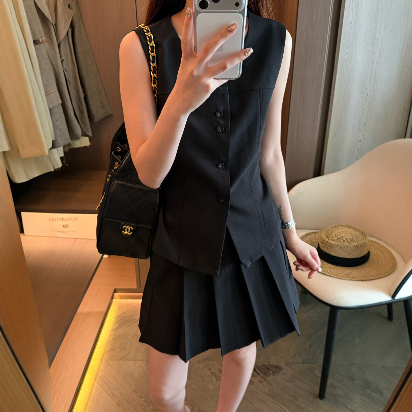 西装马甲外套百褶半身裙两件套装