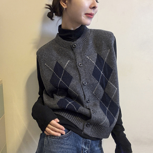 欧货女装 新款 潮 马甲两件套上衣女欧洲站2025冬装 菱形格羊毛针织衫