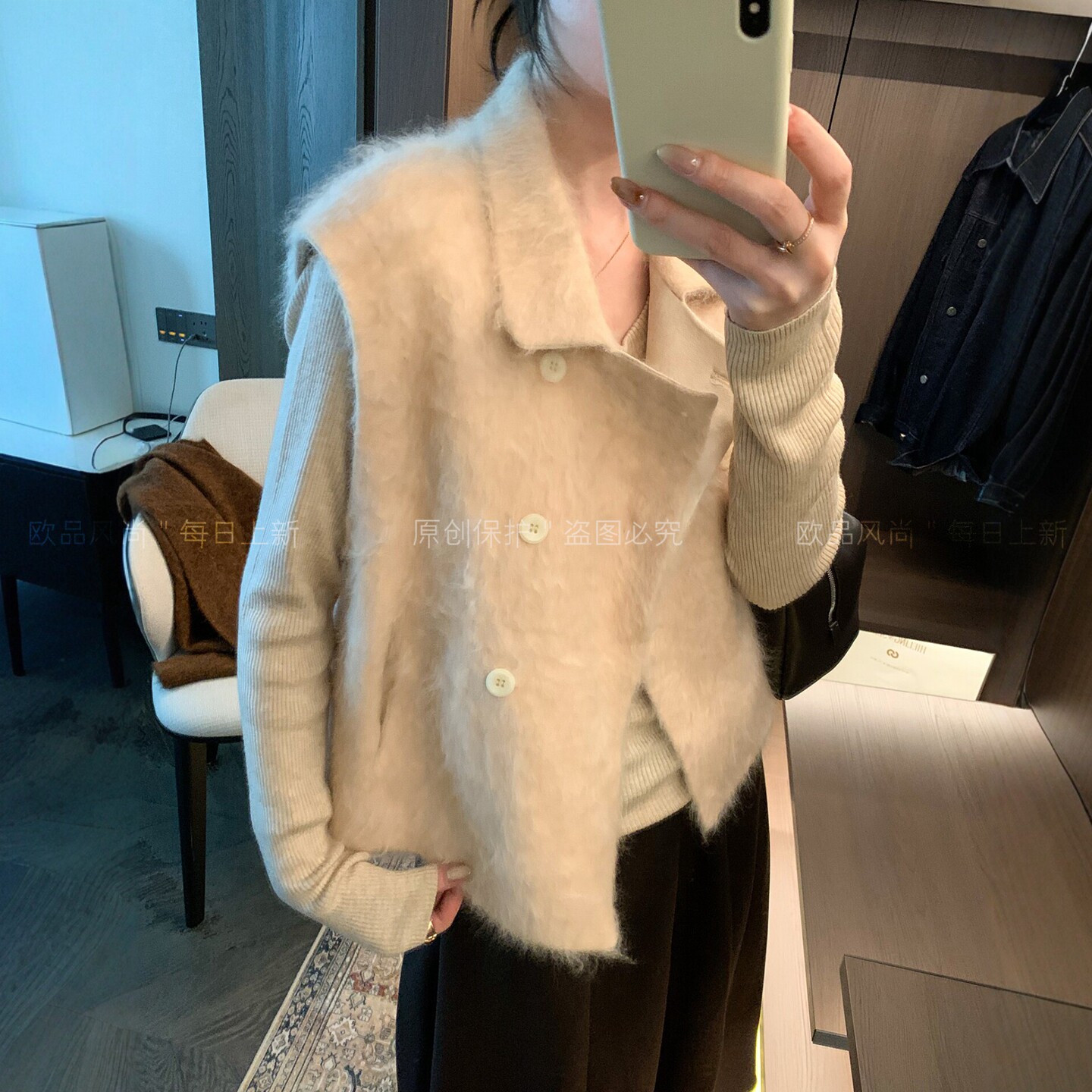 复古翻领拉毛羊绒马甲外套女欧货