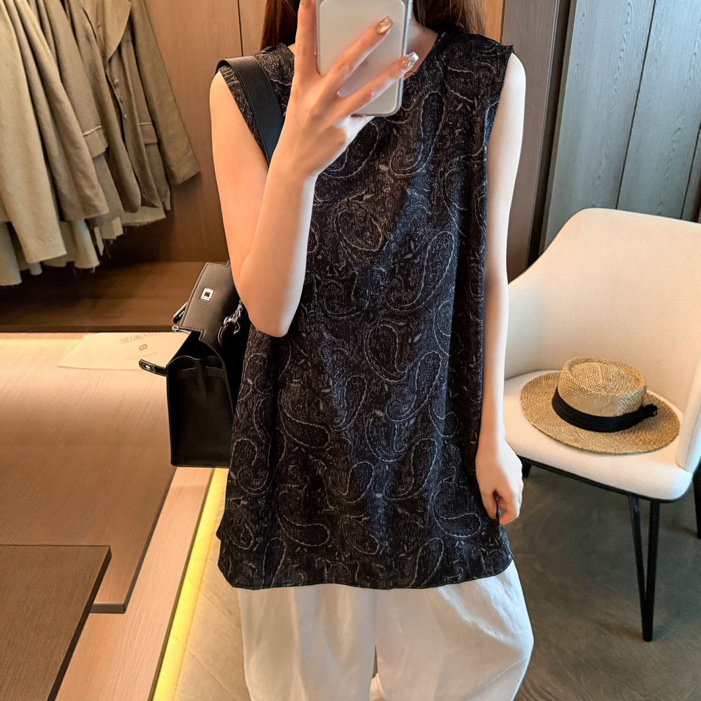 复古印花A字麻料衬衫女欧洲站