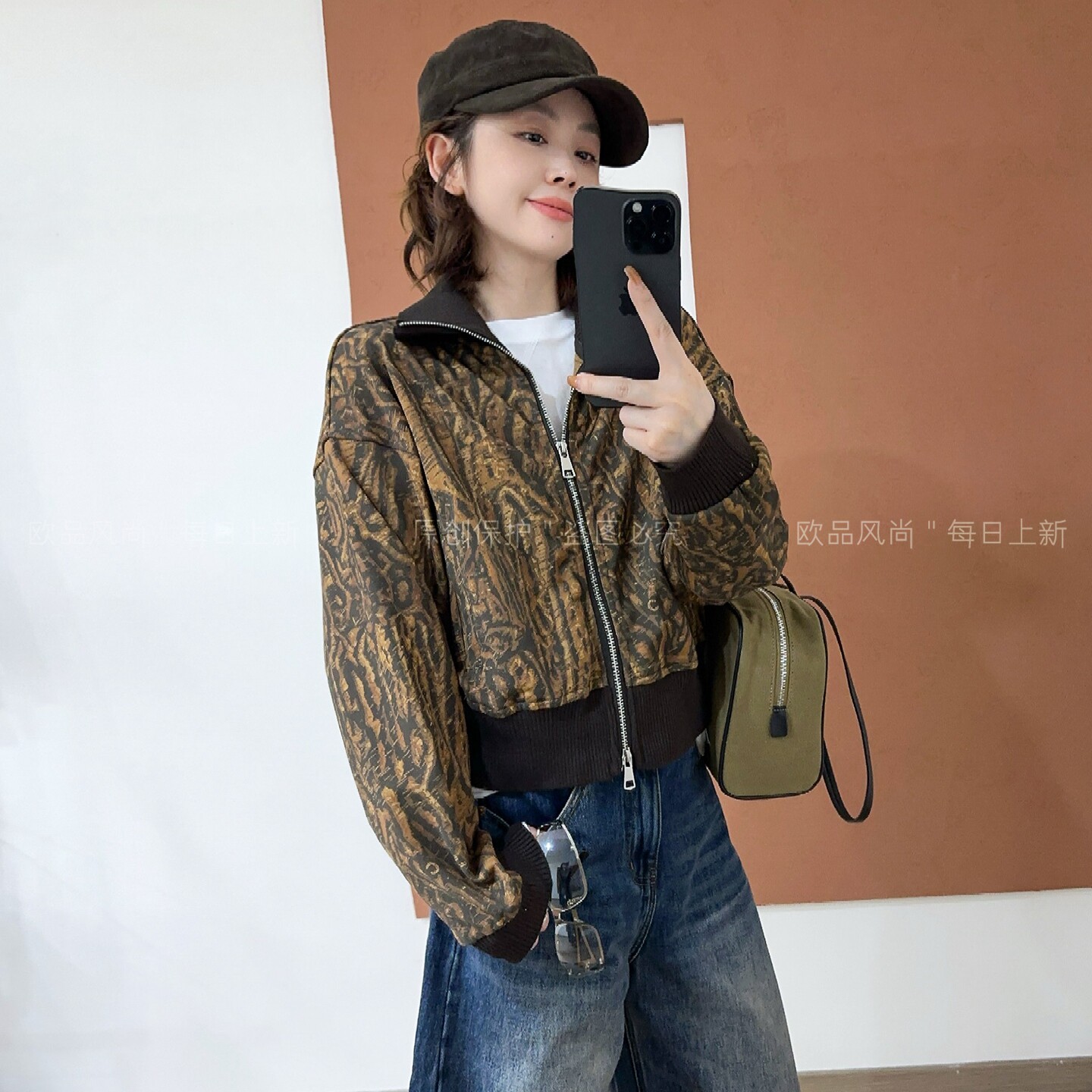 复古立领豹纹棒球服外套女欧洲站