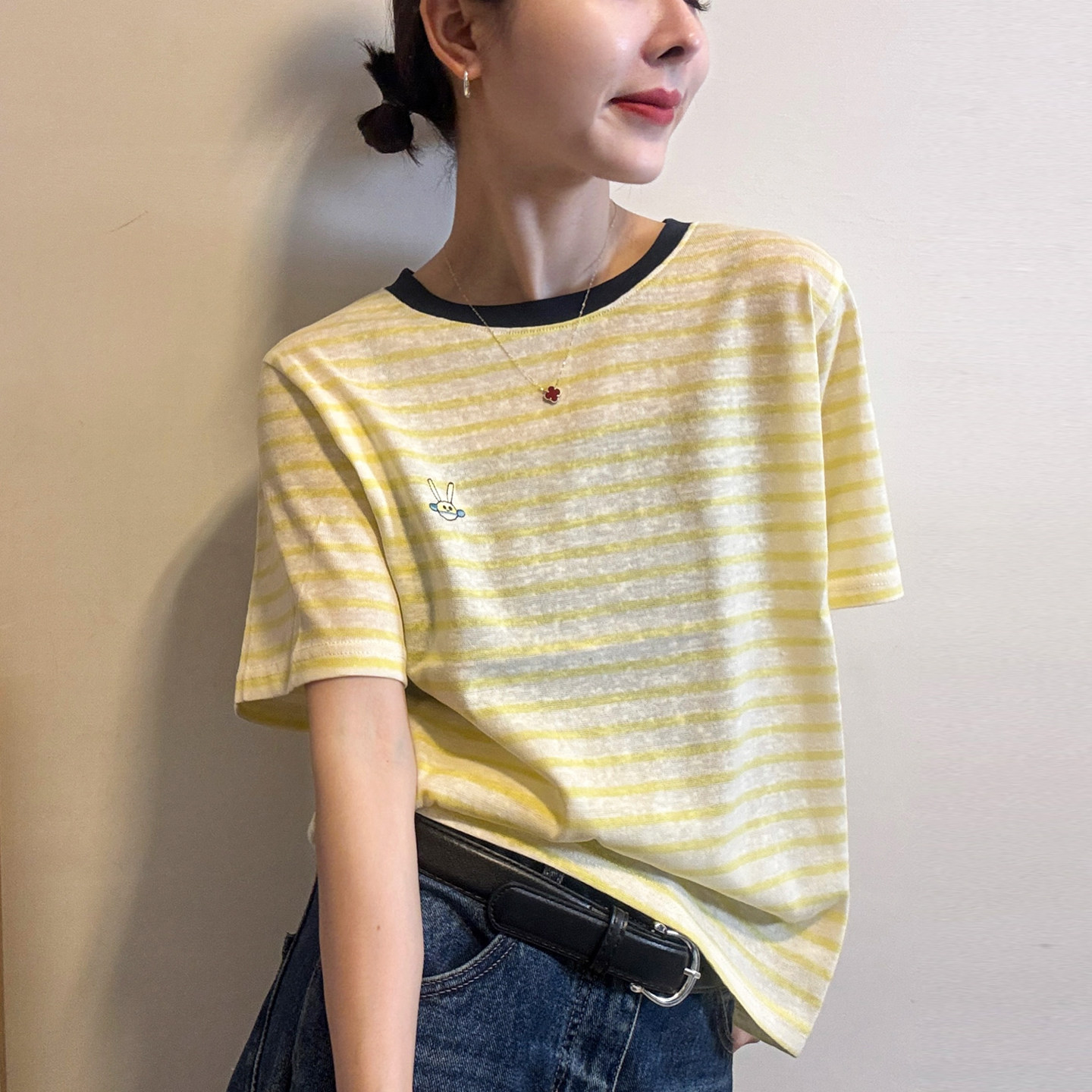卡通兔子条纹短袖T恤女欧洲站2026夏装新款欧货女装时尚打底衫潮