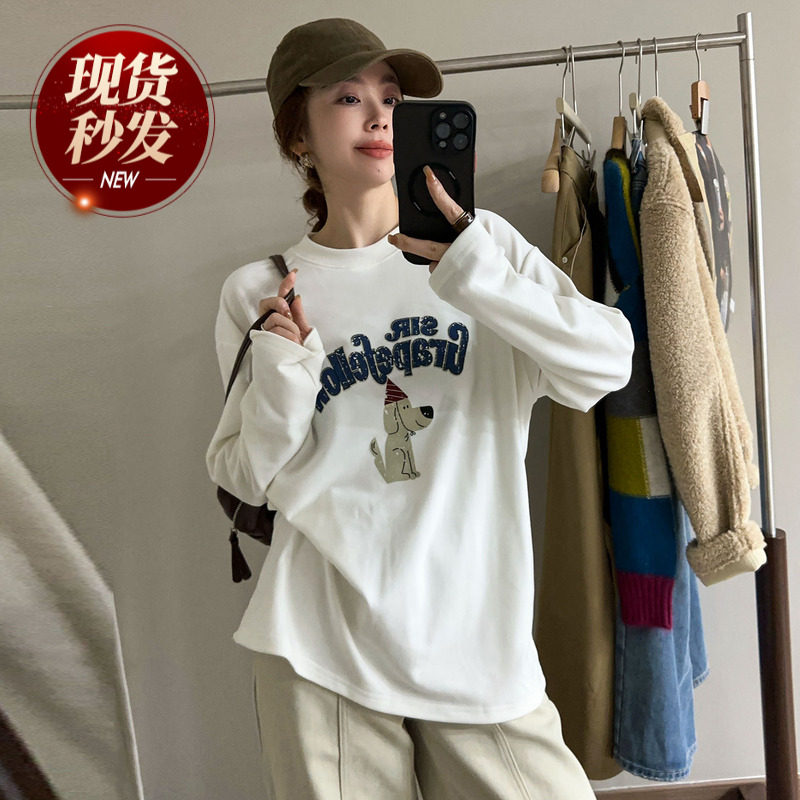 卡通印花图案磨毛T恤女欧洲站2025冬装新款欧货女装加厚打底衫潮