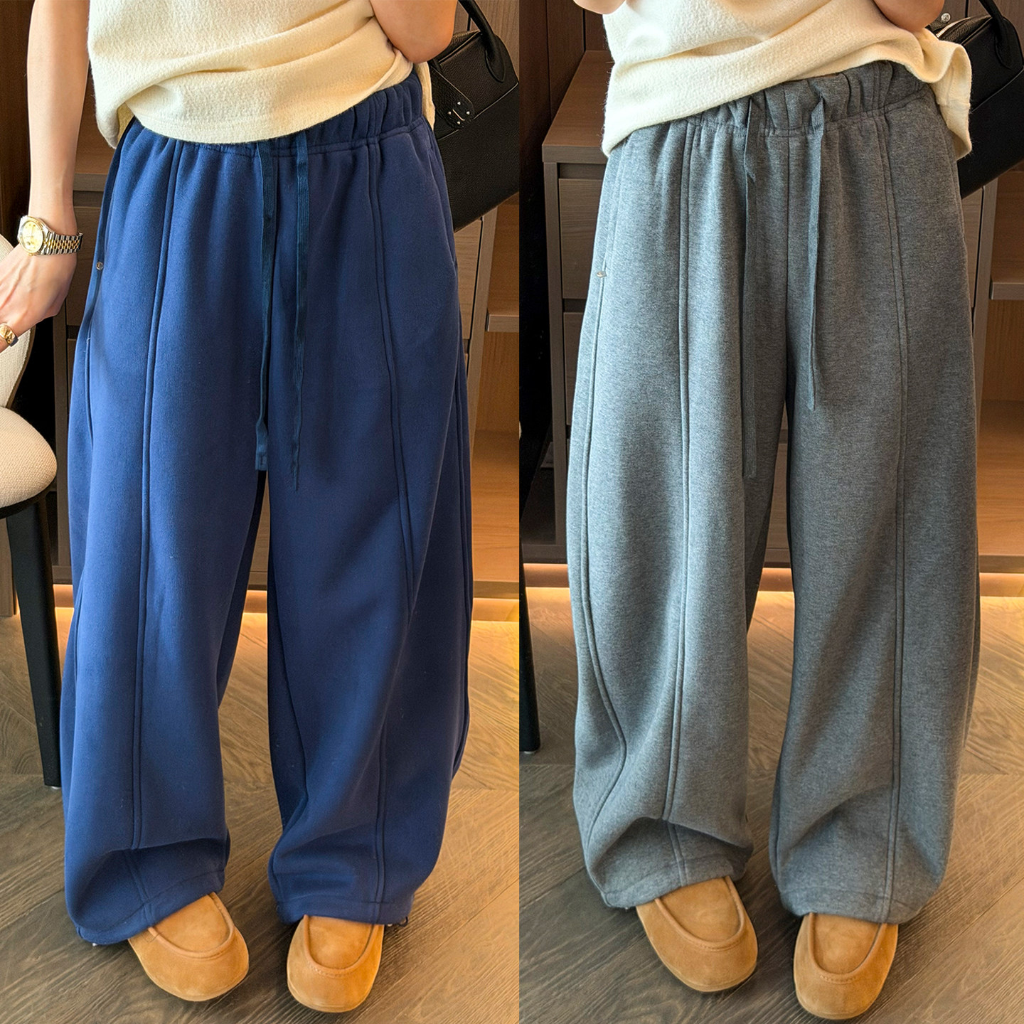 拖地系带加绒阔腿卫裤女欧洲站2025冬装新款欧货女装时尚休闲裤潮,女装/女士精品,休闲裤,淘宝优惠券,粉丝福利购,淘宝优惠卷