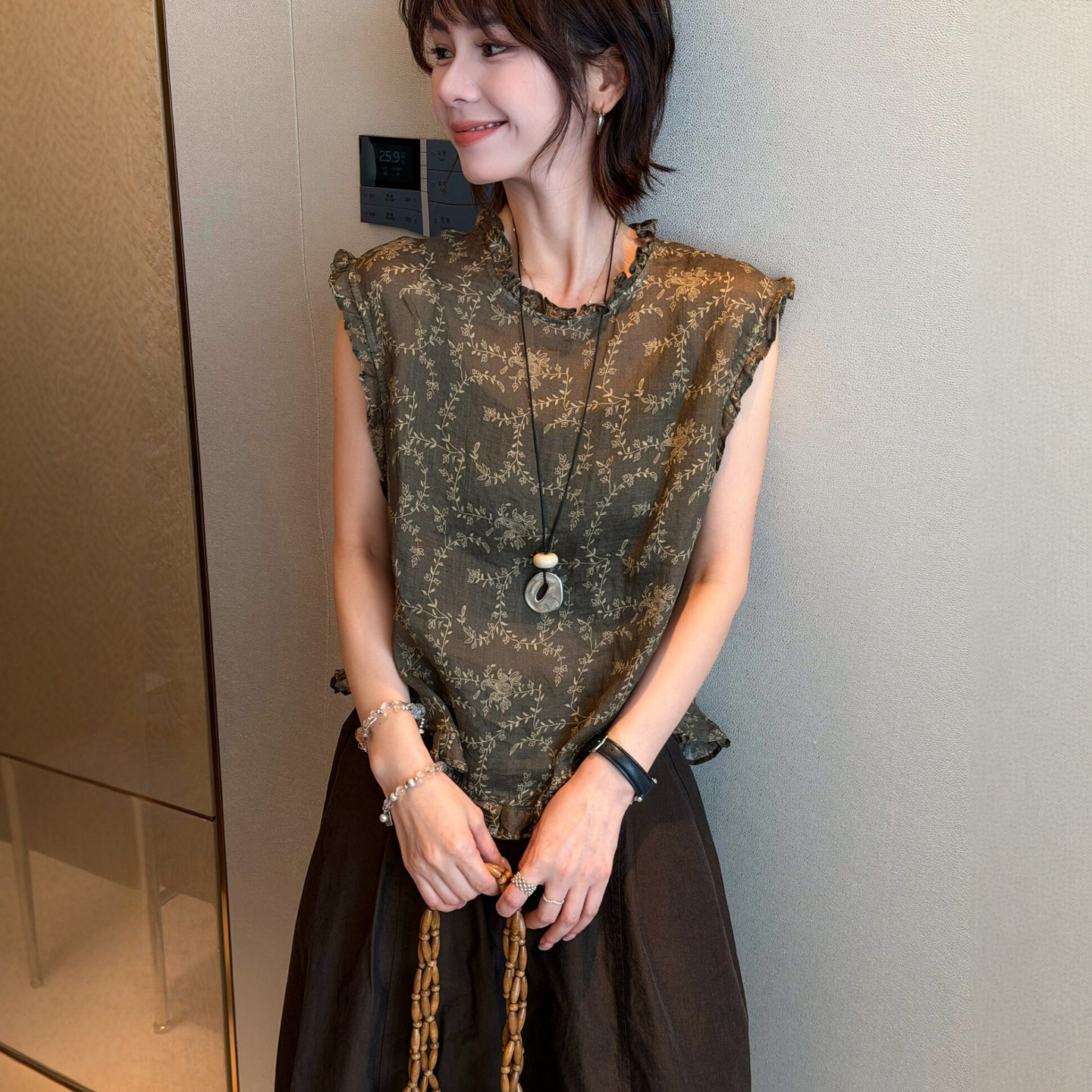 木耳边飞飞袖印花麻料衬衫女欧洲站2026夏季新款欧货女装娃娃衫潮