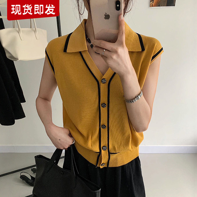撞色翻领冰丝针织衫女欧洲站2025夏装新款欧货女装无袖洋气上衣潮