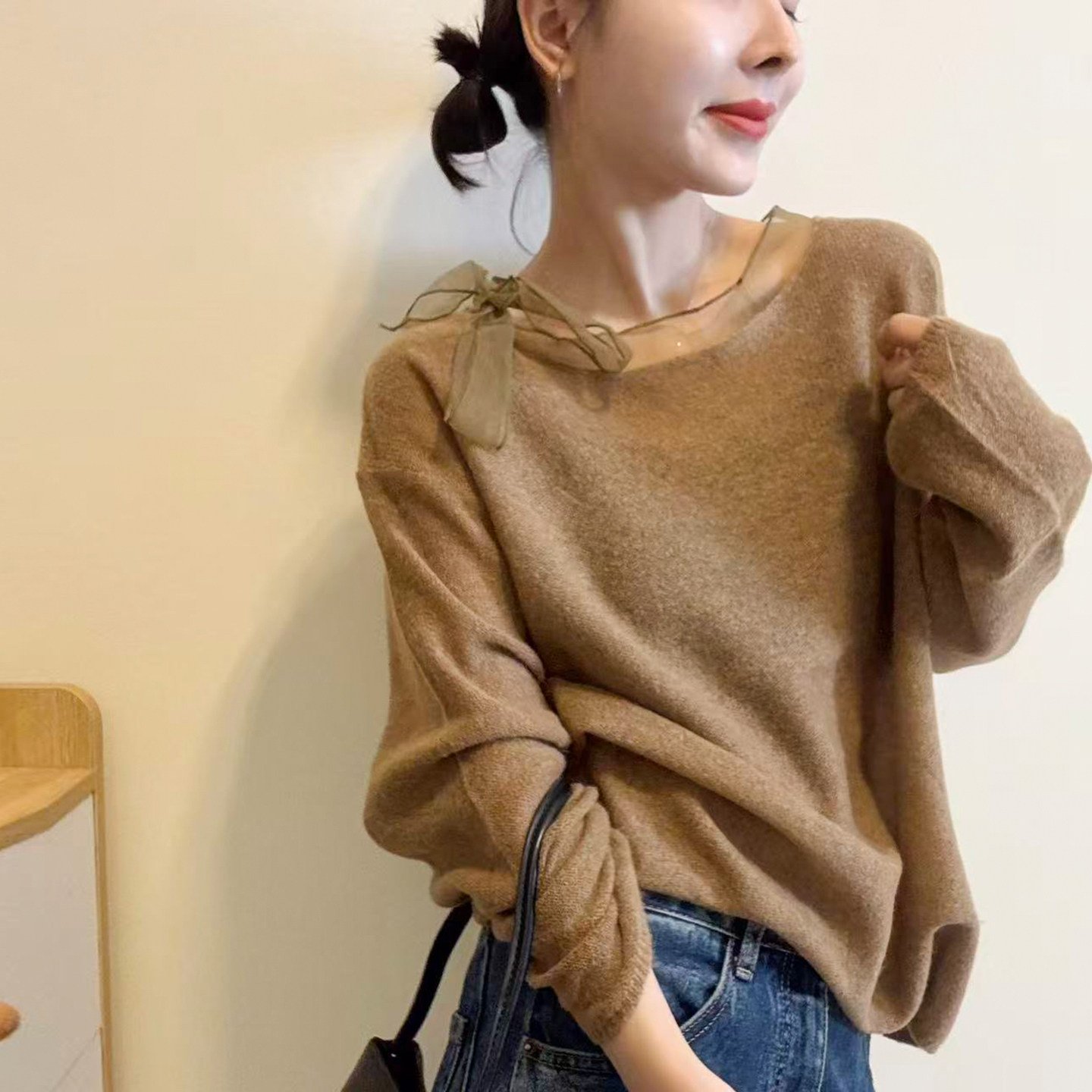 网纱蝴蝶结羊毛针织衫女欧洲站潮