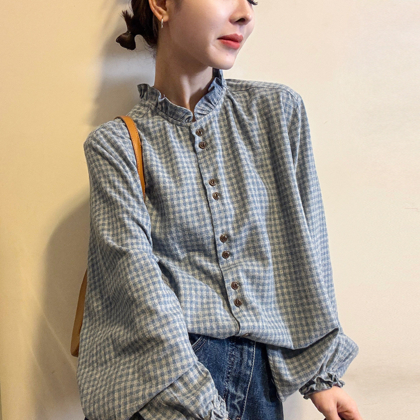 木耳边立领格子衬衫女欧洲站上衣