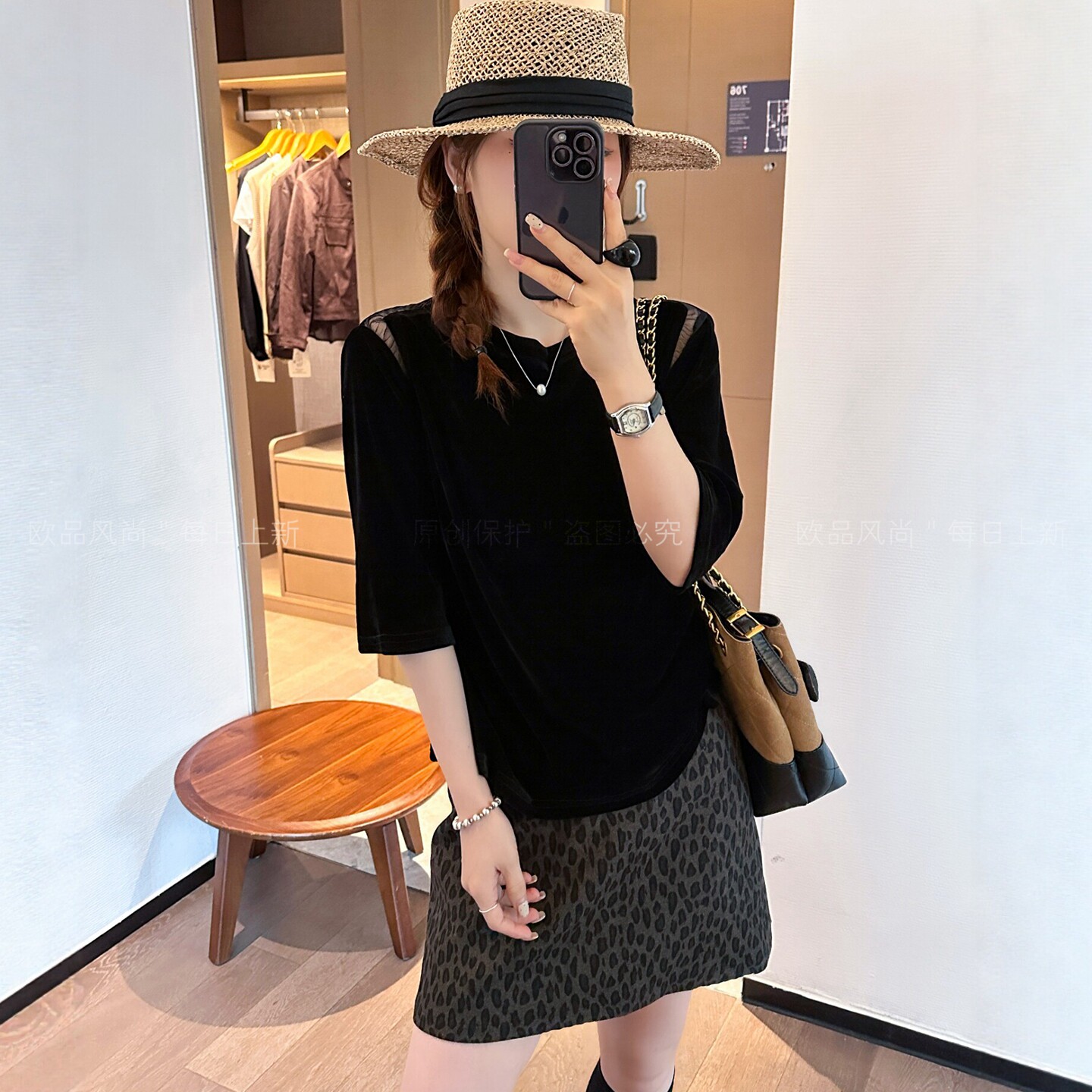 网纱拼接金丝绒中袖T恤女欧洲站