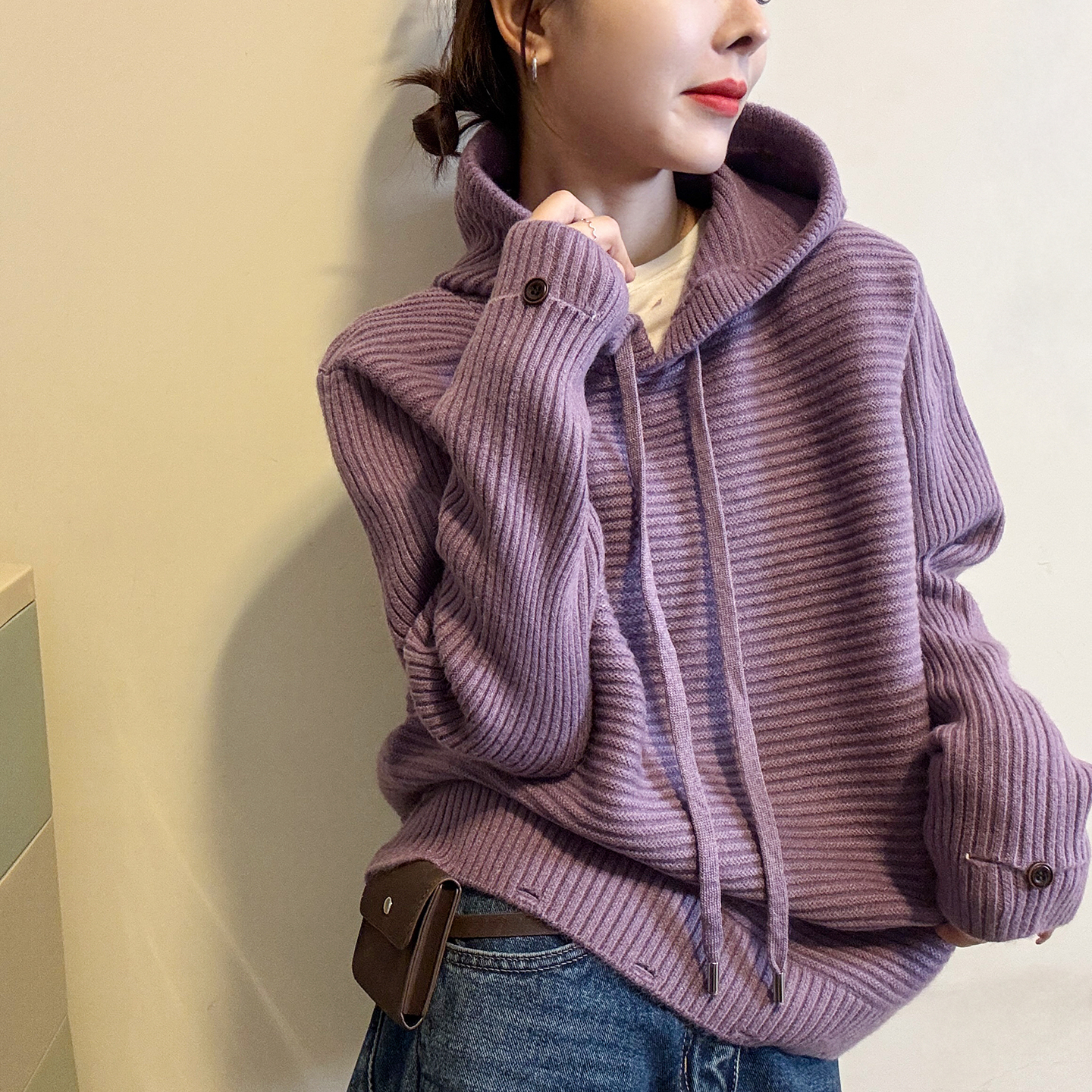 复古坑条连帽羊毛针织衫女欧洲站