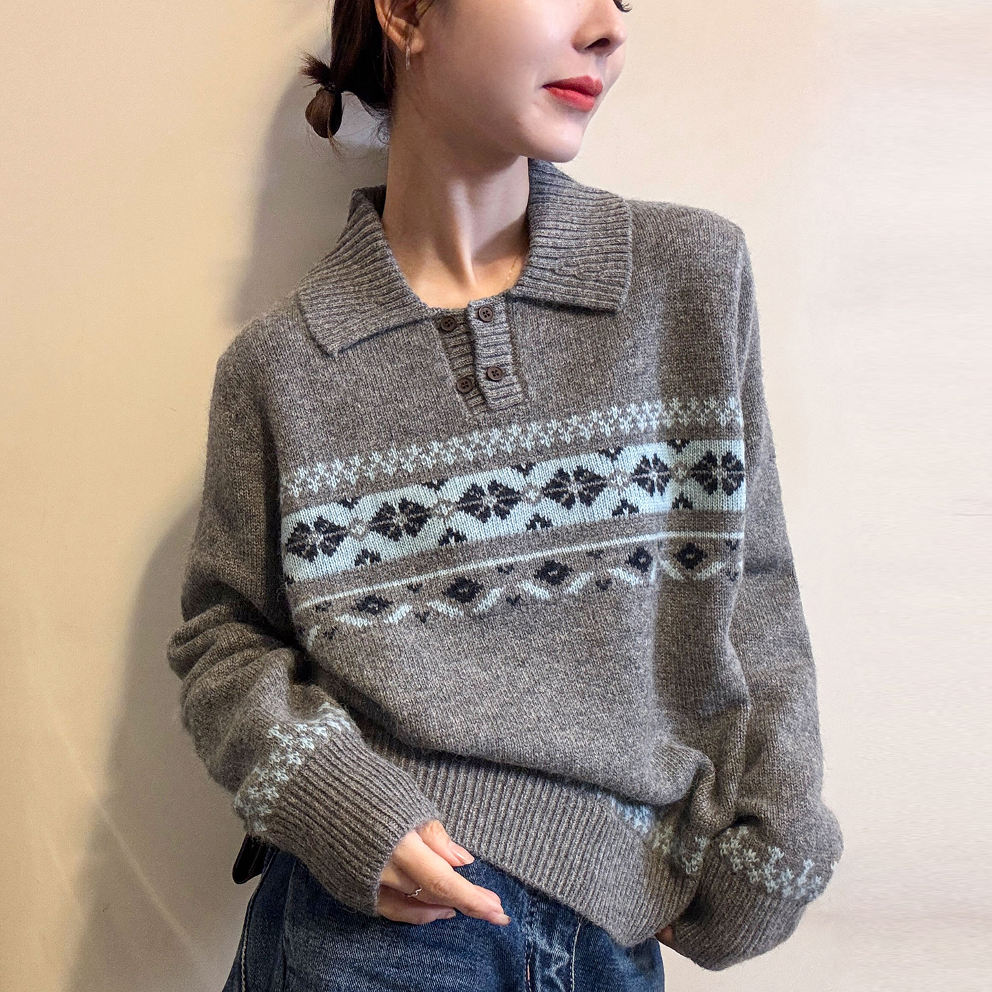 费尔岛提花羊毛针织衫女欧货毛衣