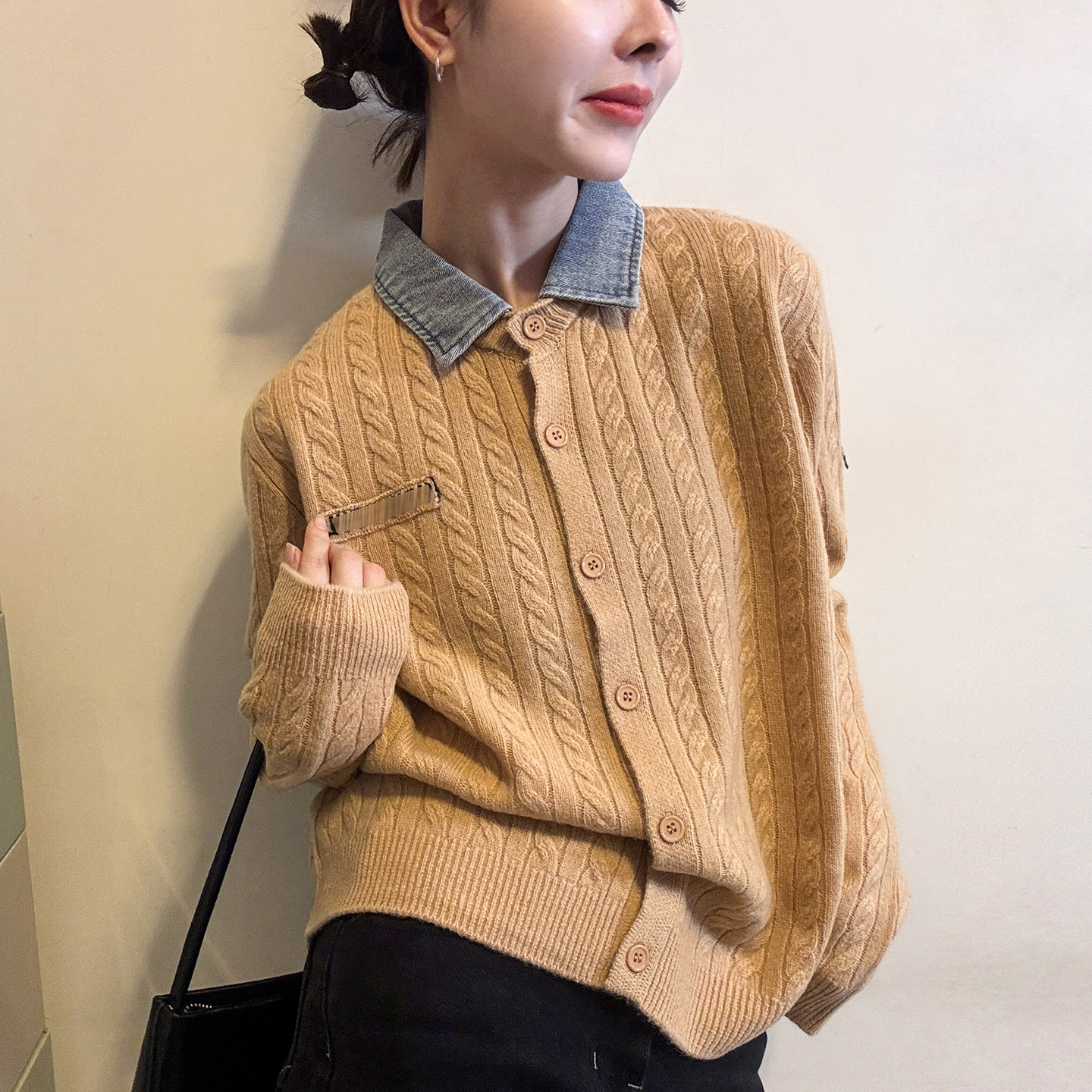 假两件麻花纹羊毛针织开衫女欧洲站2025冬装新款欧货女装打底衫潮,女装/女士精品,毛针织衫,淘宝优惠券,粉丝福利购,淘宝优惠卷