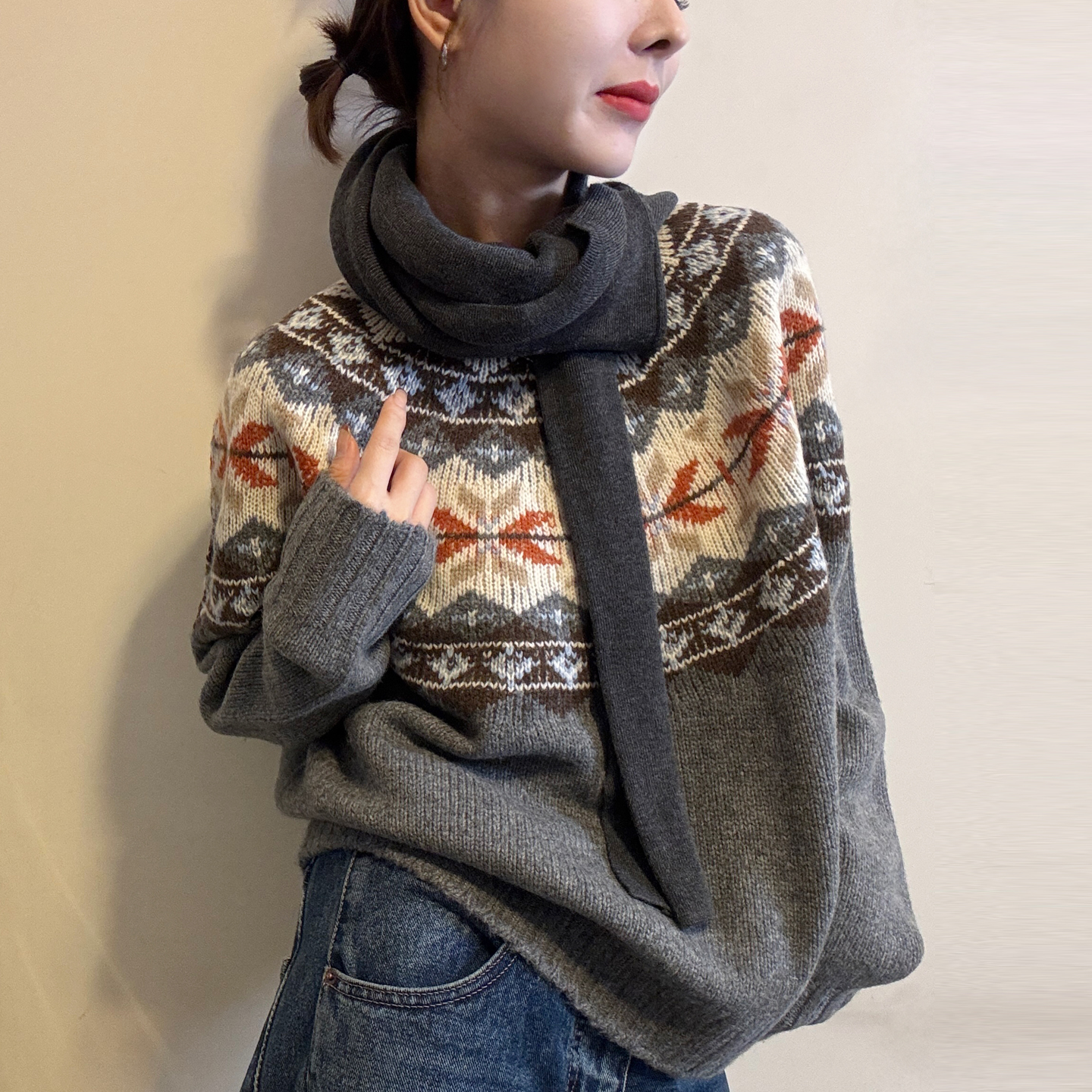 费尔岛提花羊毛针织衫女欧货上衣