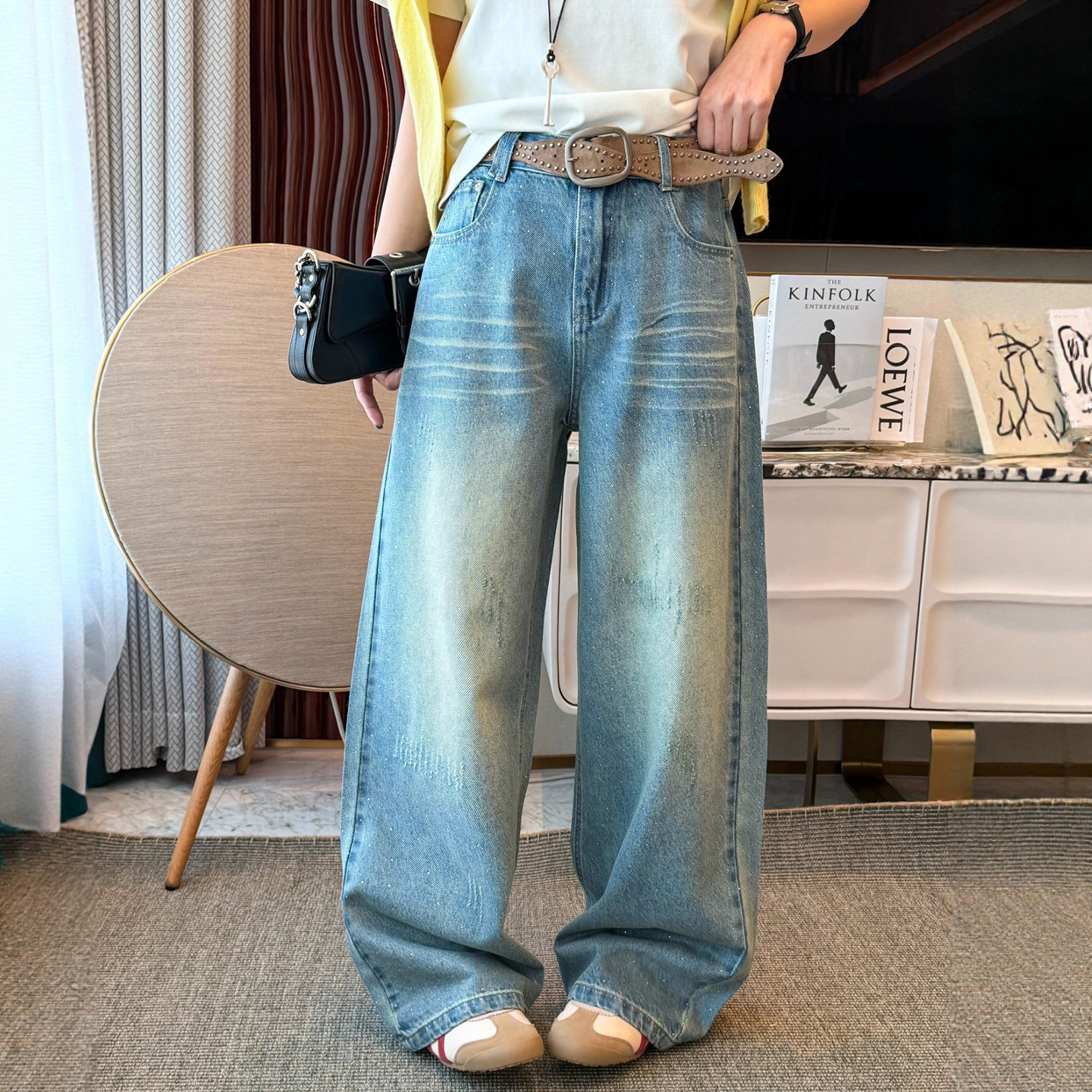 重工烫钻阔腿牛仔裤女欧洲站2026春装新款欧货女装时尚直筒裤子潮