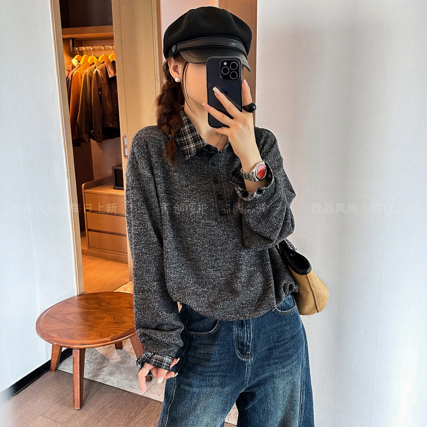 假两件格子POLO领卫衣女欧洲站潮