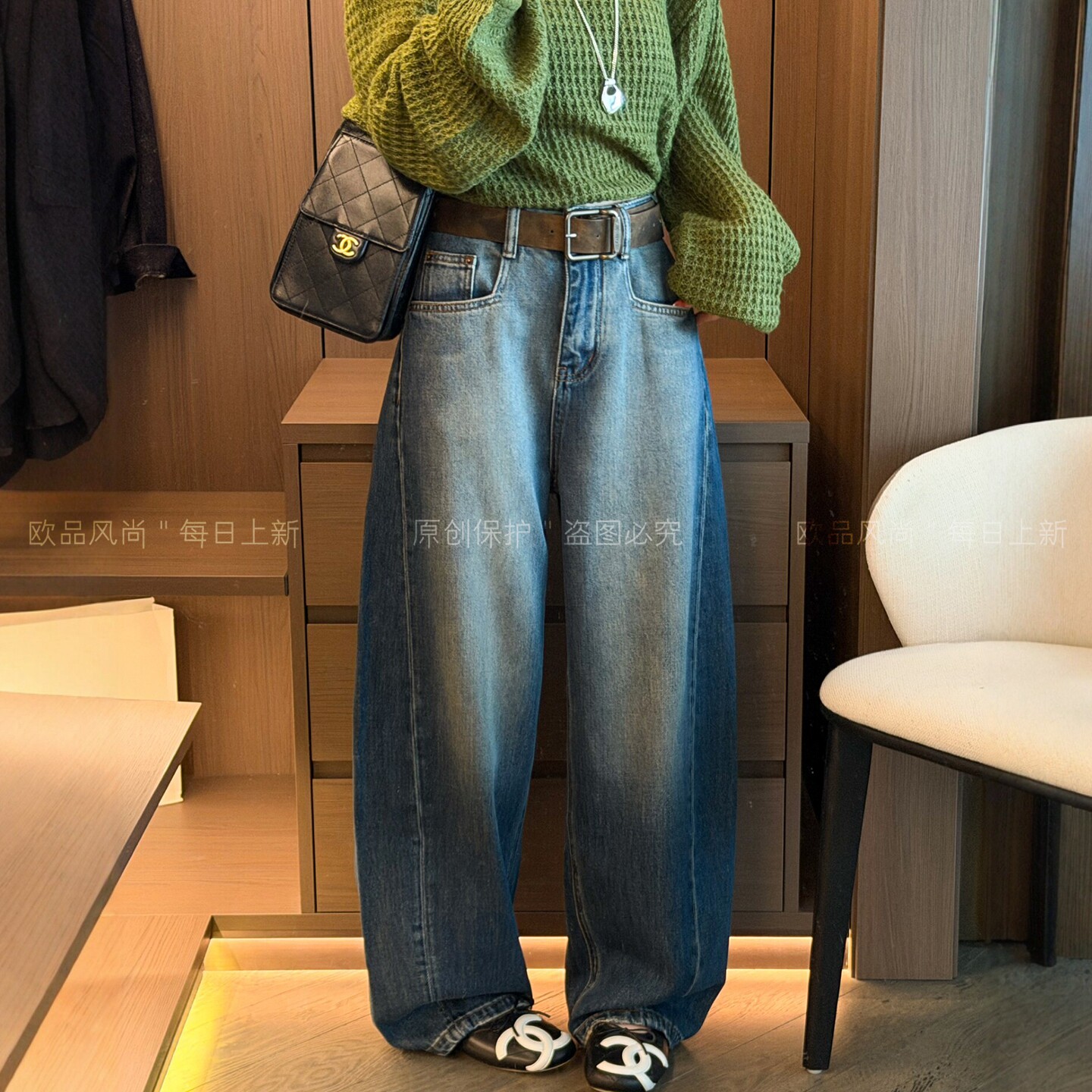 做旧拖地弯刀阔腿牛仔裤女欧洲站