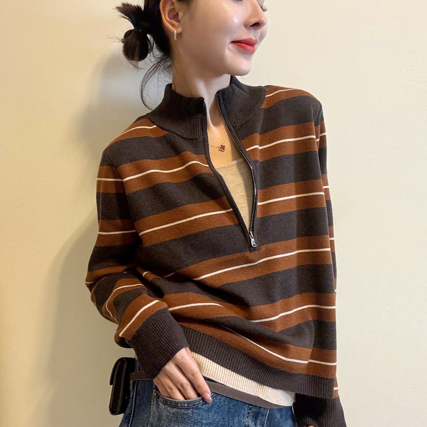 撞色条纹立领羊毛针织衫女欧洲站