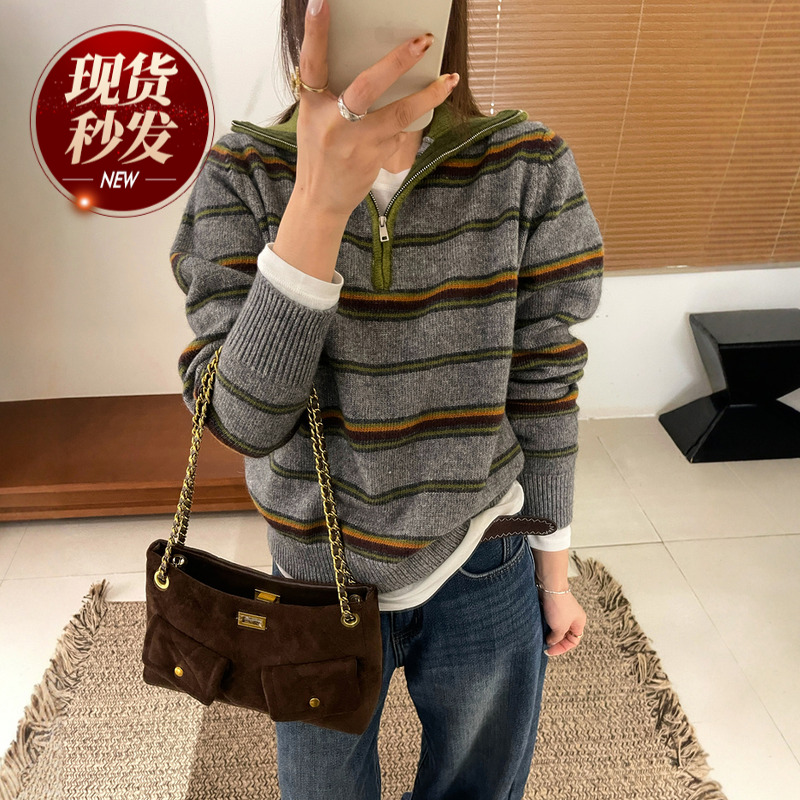 撞色条纹细羊毛针织衫女欧货打底
