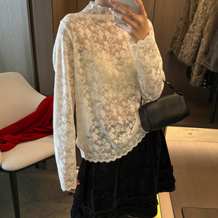 打底衫 小半高领刺绣钩花蕾丝衬衫 欧货女装 新款 潮 女欧洲站2025冬装