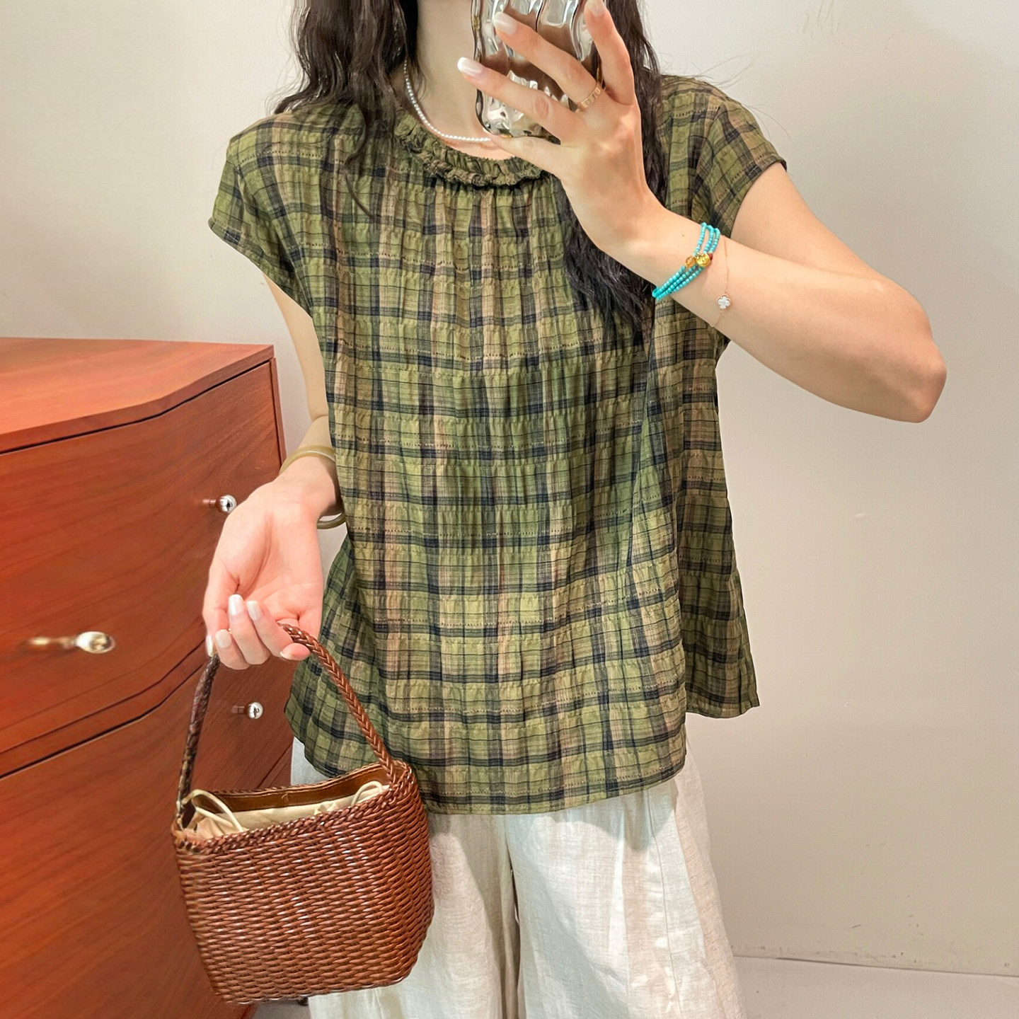 撞色格子飞飞袖衬衫女欧洲站上衣