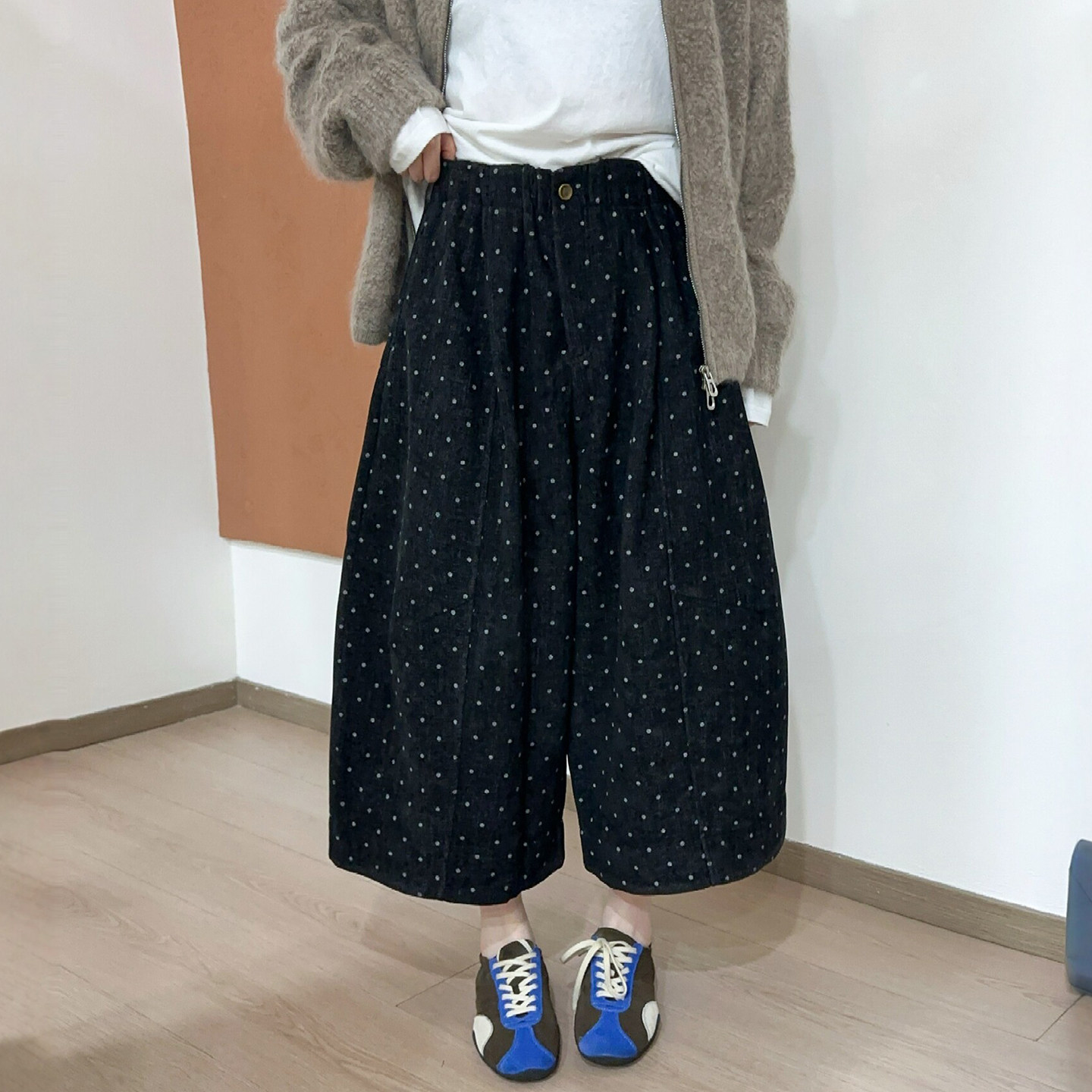 撞色波点八分加绒阔腿裤女欧洲站