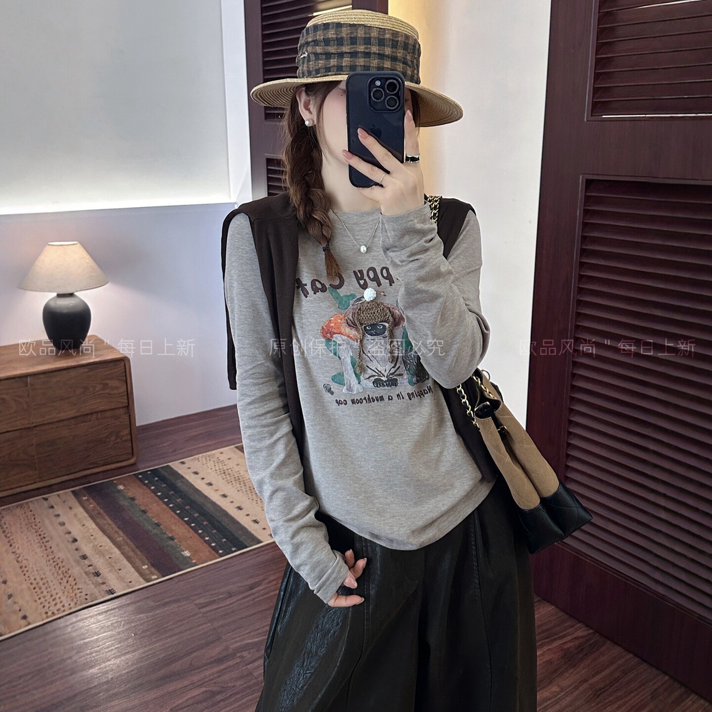 小猫字母印花长袖T恤女欧洲站潮