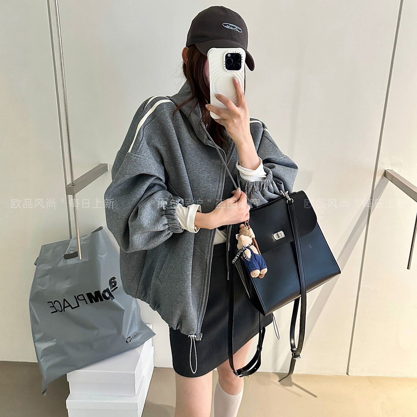 侧边条纹连帽卫衣开衫外套女欧货