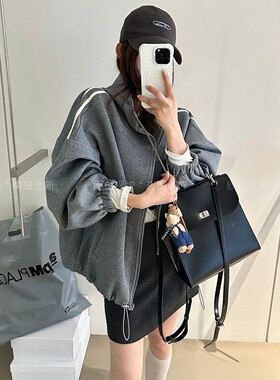 侧边条纹连帽卫衣开衫外套女欧货