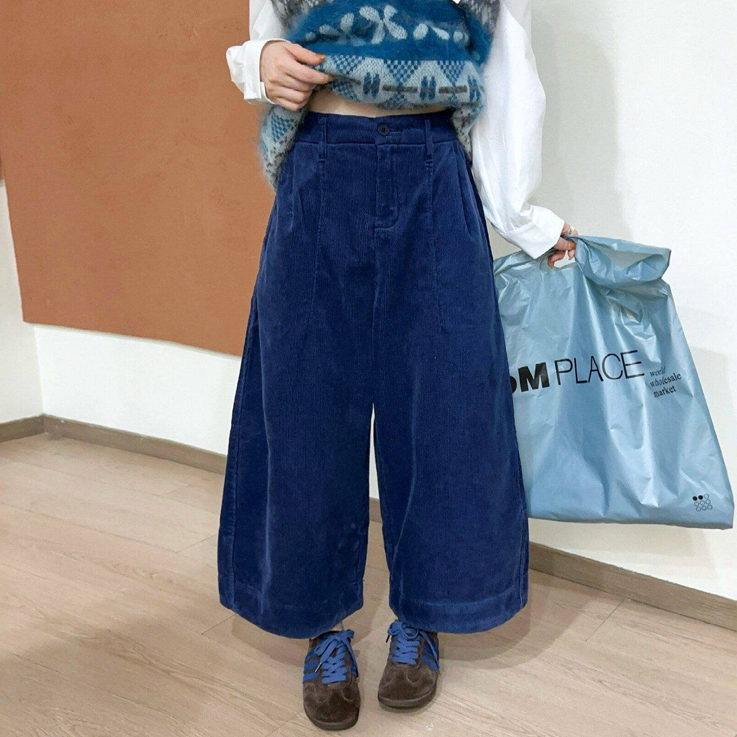 灯芯绒九分加绒弯刀阔腿裤女欧货