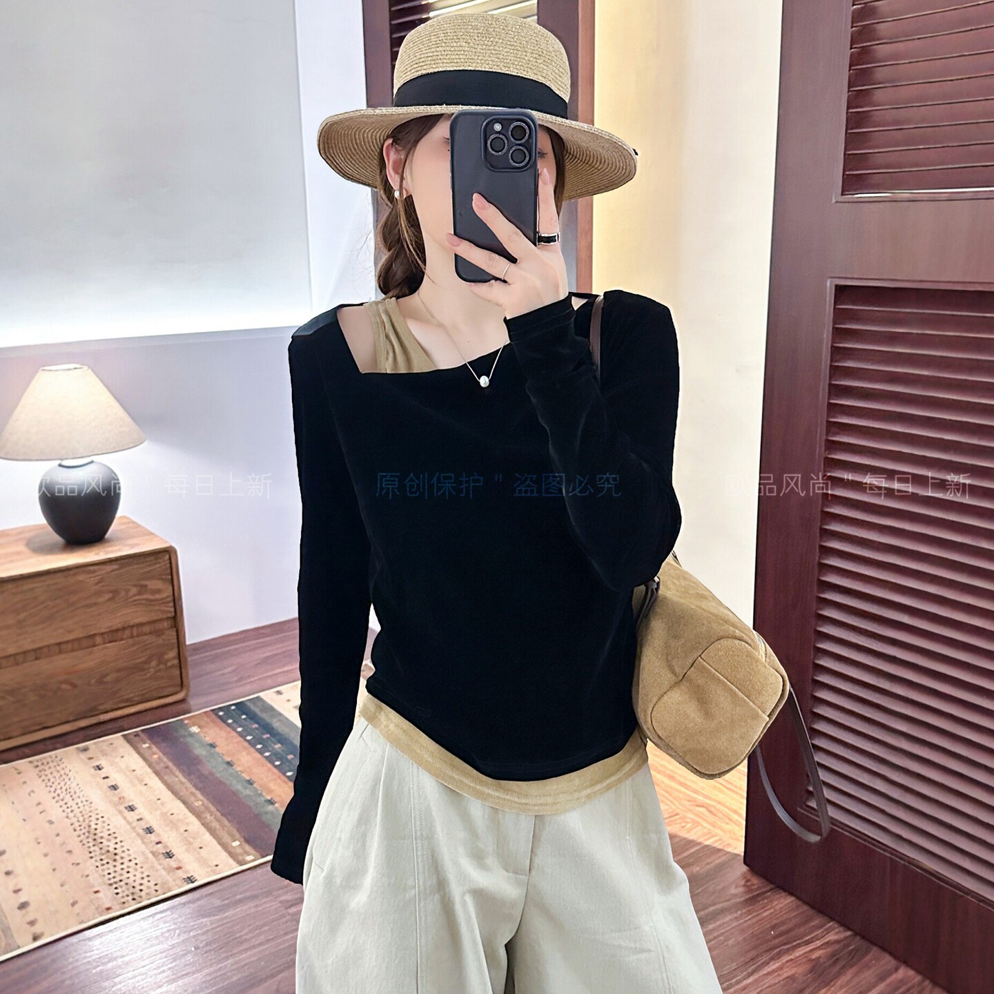 假两件露肩金丝绒T恤女欧洲站潮