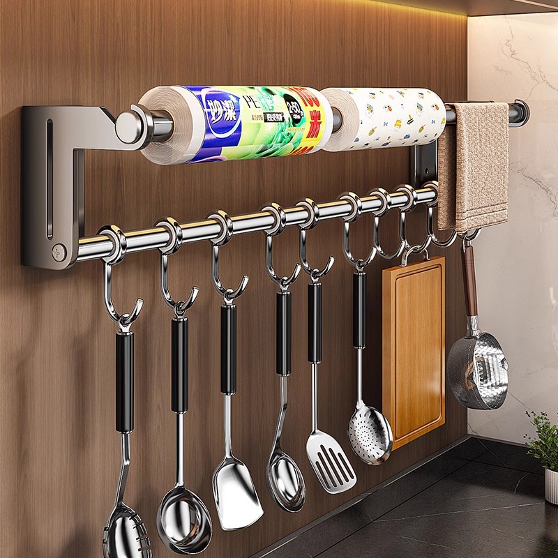 贝凯厨房不锈钢厨房长杆挂钩壁挂式厨具勺子置物架保鲜膜收纳架