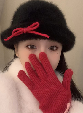 Vva Kataki芭蕾少女风~蝴蝶结兔毛帽子女黑色小香风礼帽毛绒渔夫