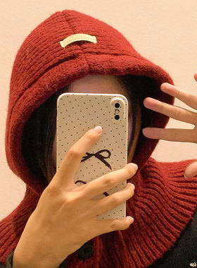 Vva Kataki韩版红色巴拉克拉法帽女冬季加厚保暖帽子围脖一体护耳